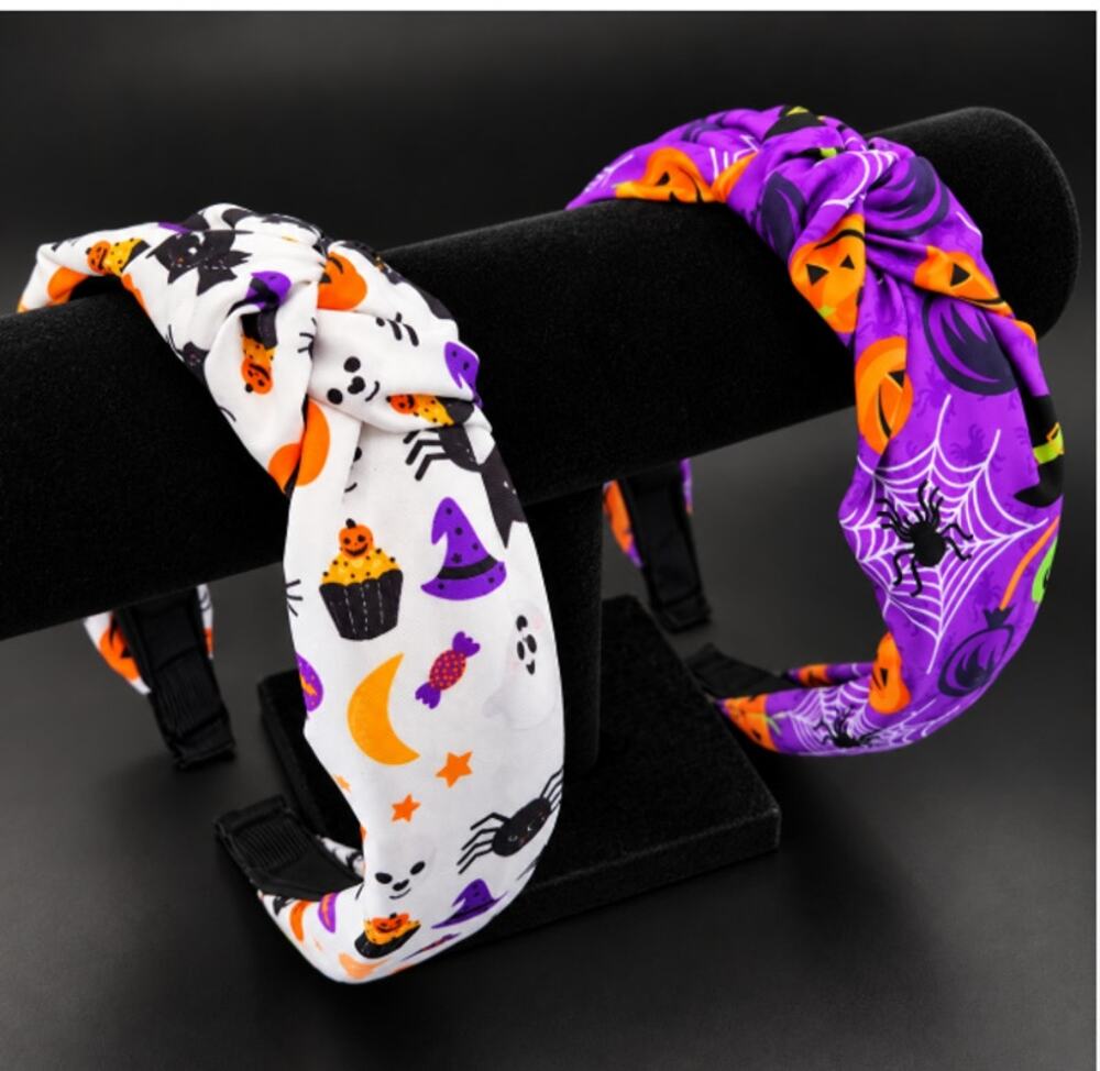 Pair of Halloween Knotted Fabric Headbands White & Purple Pumpkins Skull Bat